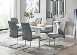 Furniturebox Imperia White High Gloss 6 Seater Dining Table With Structural 2 Plinth Column Legs 6 Grey Faux Leather Lorenzo Cantilever Chairs