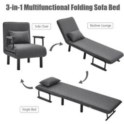 Living And Home Grey Linen Upholstered 3-In-1 Lounge Armchair Sofa Chair And Sofa Bed With Pillow - thumbnail 3