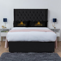 UKBEDFURNITURE Mary Black Plush Wingback Divan Bed Base With 54 Inch Headboard & 10 Inch Orthopaedic Mattress - No Storage - thumbnail 1