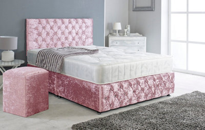 Adore Designs Chesterfield Crushed Velvet Divan Bed, Ortho Mattress, Footboard & Square Stool - 4Ft Small Double - Pink - 2 Drawers Foot End - image 1