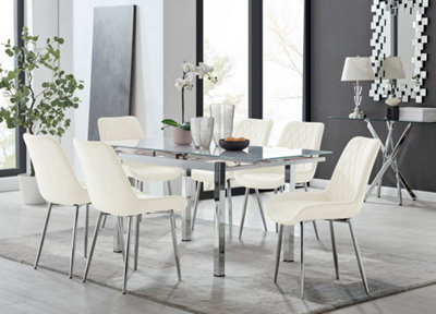 Furniturebox Uk 6 Seater Dining Set - Enna White Glass & Chrome Extendable Dining Table And Chairs - 6 Cream Velvet Pesaro Chairs - image 1