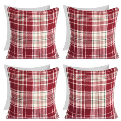 OHS Woven Check Cushion Covers Tartan Pack Of 4 Filled Pillow, 45 X 45Cm - Red - image 1