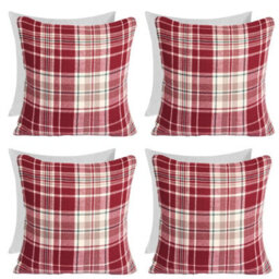 OHS Woven Check Cushion Covers Tartan Pack Of 4 Filled Pillow, 45 X 45Cm - Red - thumbnail 1