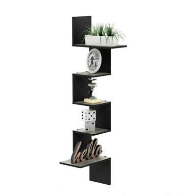 Walplus Furinno Rossi Modern 5-Tier Wall Floating Corner Shelf, French Oak Grey/black - image 1