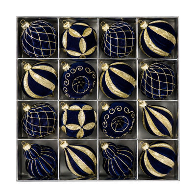 Amorly 16Pack Dark Blue Velvet Christmas Baubles, 3.15 Inch Golden Glitter Hanging Ornaments For Christmas Tree, Holiday Party Decoration - image 1