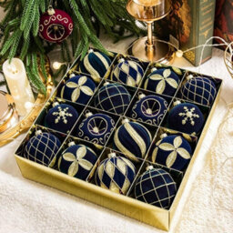 Amorly 16Pack Dark Blue Velvet Christmas Baubles, 3.15 Inch Golden Glitter Hanging Ornaments For Christmas Tree, Holiday Party Decoration - thumbnail 8