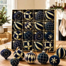 Amorly 16Pack Dark Blue Velvet Christmas Baubles, 3.15 Inch Golden Glitter Hanging Ornaments For Christmas Tree, Holiday Party Decoration - thumbnail 3