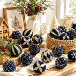 Amorly 16Pack Dark Blue Velvet Christmas Baubles, 3.15 Inch Golden Glitter Hanging Ornaments For Christmas Tree, Holiday Party Decoration - thumbnail 6