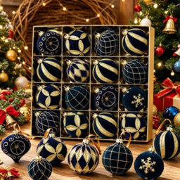 Amorly 16Pack Dark Blue Velvet Christmas Baubles, 3.15 Inch Golden Glitter Hanging Ornaments For Christmas Tree, Holiday Party Decoration - thumbnail 4