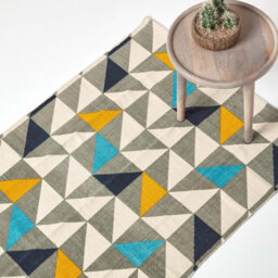 Homescapes Copenhagen Blue, Yellow And Grey 100% Cotton Geometric Style Scandi Printed Rug, 120 X 170 Cm - thumbnail 1