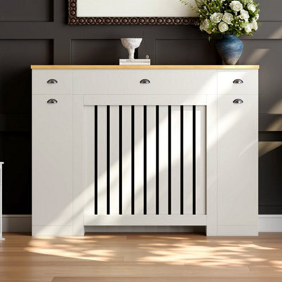Agnite Radiator Cover Cream Modern Vertical Slat Storage Drawers Cabinet Mdf 1280mm - image 1