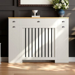 Agnite Radiator Cover Cream Modern Vertical Slat Storage Drawers Cabinet Mdf 1280mm - thumbnail 1