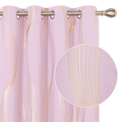 Deconovo Blackout Eyelet Curtains Thermal Insulated Gold Wave Line Foil Printed Curtains For Bedroom 46X90 Inch Pink 2 Panels - image 1