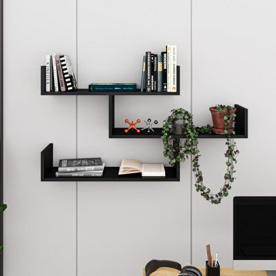 Decortie Tibet Wall Shelves - Floating 3 Tier Wall Mounted Display Unit Black - image 1