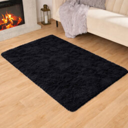 Aspire Homeware Non-Slip Black Shaggy Rug Soft Fluffy Washable Floor And Kitchen Rug, (L)110Cm X (W)60Cm - thumbnail 1