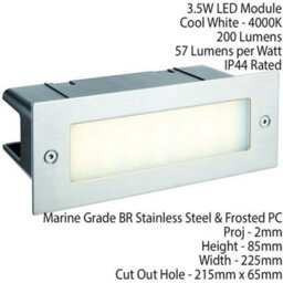 Ip44 Led Full Brick Light Stainless Steel & Plain Frosted Glass 3.5W Cool White - thumbnail 2