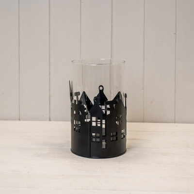 Four Candle Satchville Black Metal House Scene Candle Holder With Glass Insert - image 1