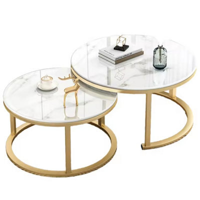 Set Of 2 White Nesting Round Stacking Coffee Side Tables Living Room - image 1