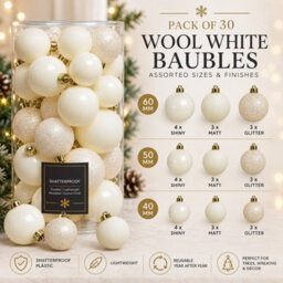 Decoris 30 Wool White Baubles Shatterproof Christmas Tree Hanging Decoration - thumbnail 4