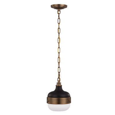 Elegant 1 Bulb Ceiling Pendant Light In Dark Antique Brass And Matte Black Finish