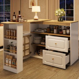 Btm Rotating Sideboard, 2 Drawers, Snack Shelf And Glass Storage, Curved Design For Living Room, White - thumbnail 2