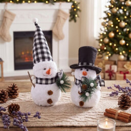 Living And Home 2 Pack Battery Powered Christmas Snowman Tabletop Warm Light Plaid Hat Home Decorations - thumbnail 1