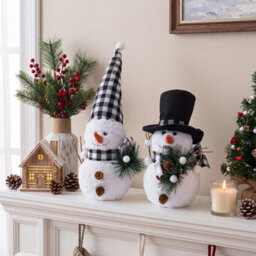 Living And Home 2 Pack Battery Powered Christmas Snowman Tabletop Warm Light Plaid Hat Home Decorations - thumbnail 3