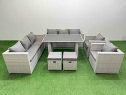 Fimous 10 Seater Wicker Pe Rattan Furniture Outdoor Dining Table 3 Seater Sofa Armchair Set With 2 Small Stools Light Grey - thumbnail 1