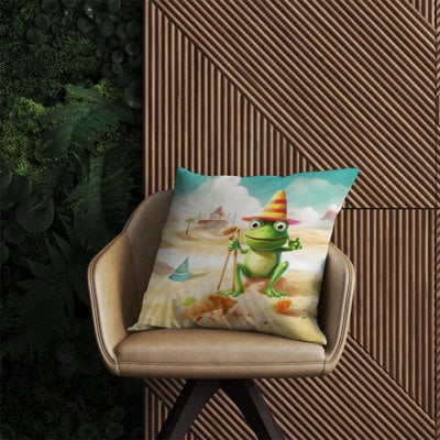 Warren Reed Designer Happy Frog On A Beach Holiday Outdoor Cushion 60Cm X 60Cm