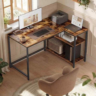 Corner Office Gaming Desk, L-Shaped Computer Desk With Adjustable Reversible Shelves, Rustic Brown - image 1