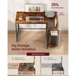 Corner Office Gaming Desk, L-Shaped Computer Desk With Adjustable Reversible Shelves, Rustic Brown - thumbnail 3