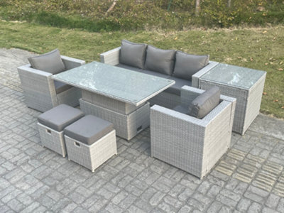 Fimous Rattan Garden Funiture Set Adjustable Rising Lifting Table Sofa Dining Set With 2 Arm Chair Side Table Stools - image 1