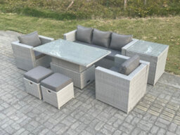 Fimous Rattan Garden Funiture Set Adjustable Rising Lifting Table Sofa Dining Set With 2 Arm Chair Side Table Stools - thumbnail 1