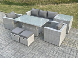 Fimous Rattan Garden Funiture Set Adjustable Rising Lifting Table Sofa Dining Set With 2 Arm Chair Side Table Stools - thumbnail 2