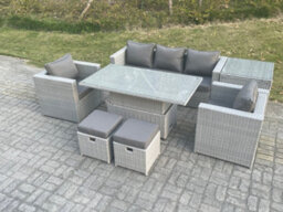 Fimous Rattan Garden Funiture Set Adjustable Rising Lifting Table Sofa Dining Set With 2 Arm Chair Side Table Stools - thumbnail 3