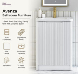 Royal Bathrooms Avenza 700mm Fluted Floor Standing Vanity Unit Matt White 2 Door Storage Cabinet With Ceramic Basin - thumbnail 4