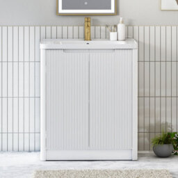 Royal Bathrooms Avenza 700mm Fluted Floor Standing Vanity Unit Matt White 2 Door Storage Cabinet With Ceramic Basin - thumbnail 1
