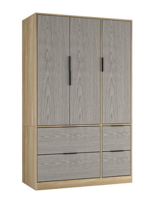 Urbn-Living Urbnliving 3 Door Wardrobe With 4 Drawers Wooden Bedroom Storage Cupboard With Hanging Rail For Clothes - Oak Unit & Cedar Grey - image 1