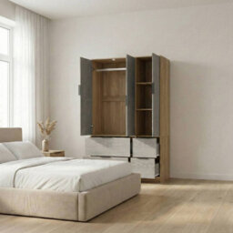 Urbn-Living Urbnliving 3 Door Wardrobe With 4 Drawers Wooden Bedroom Storage Cupboard With Hanging Rail For Clothes - Oak Unit & Cedar Grey - thumbnail 5