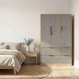Urbn-Living Urbnliving 3 Door Wardrobe With 4 Drawers Wooden Bedroom Storage Cupboard With Hanging Rail For Clothes - Oak Unit & Cedar Grey - thumbnail 2