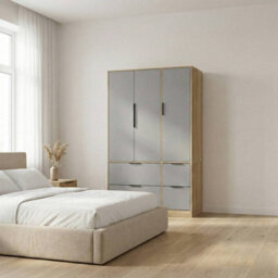 Urbn-Living Urbnliving 3 Door Wardrobe With 4 Drawers Wooden Bedroom Storage Cupboard With Hanging Rail For Clothes - Oak Unit & Cedar Grey - thumbnail 3