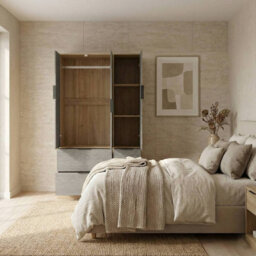Urbn-Living Urbnliving 3 Door Wardrobe With 4 Drawers Wooden Bedroom Storage Cupboard With Hanging Rail For Clothes - Oak Unit & Cedar Grey - thumbnail 6