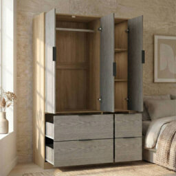 Urbn-Living Urbnliving 3 Door Wardrobe With 4 Drawers Wooden Bedroom Storage Cupboard With Hanging Rail For Clothes - Oak Unit & Cedar Grey - thumbnail 7