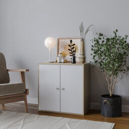 Urbn-Living Urbnliving Height 60Cm 2 Tier Wooden Storage Cabinet Side Furniture Cabinet Colour Oak & White Door Cupboard Bedroom Hallway Shelf - thumbnail 3