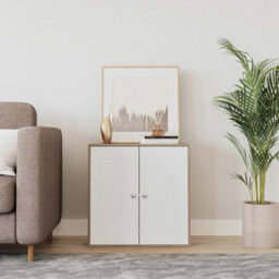 Urbn-Living Urbnliving Height 60Cm 2 Tier Wooden Storage Cabinet Side Furniture Cabinet Colour Oak & White Door Cupboard Bedroom Hallway Shelf - thumbnail 2