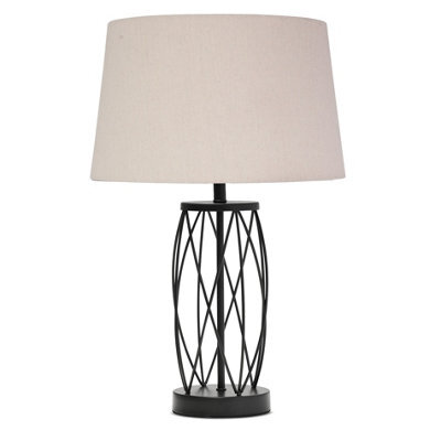Lighting Supermarket Ashleigh Black Metal Lattice Cylinder Lantern Table Lamp With Natural Linen Shade - image 1