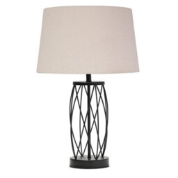 Lighting Supermarket Ashleigh Black Metal Lattice Cylinder Lantern Table Lamp With Natural Linen Shade - thumbnail 1
