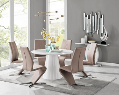 Furniturebox Uk Palma White High Gloss Round Dining Table & 6 Cappuccino Willow Chairs - image 1