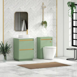 Royal Bathrooms Orion 600mm Mint Sage Floor Standing Plain White Countertop Vanity Unit 2 Drawer With Lyon Basin & Brushed Brass Accent Trim - thumbnail 3