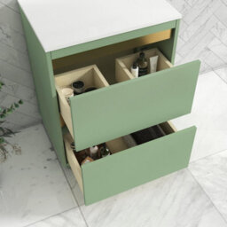 Royal Bathrooms Orion 600mm Mint Sage Floor Standing Plain White Countertop Vanity Unit 2 Drawer With Lyon Basin & Brushed Brass Accent Trim - thumbnail 4